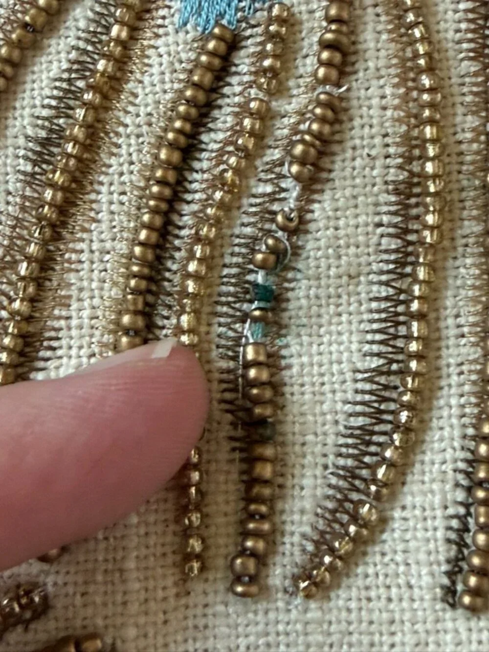 Pier 1 Peacock Feather Beaded Table Runner 41x13 Embroidered Cream Gold Blue